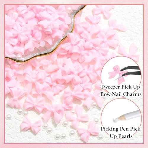 300Pcs Bow Charms and Flatback Pearls, Pink Bowknot 3D Cute Nail Supplies for Acrylic Design, 3-5mm White Half Pearls for Jewelry DIY Crafts Art Decoration Accessories
