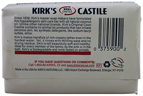 Kirk's Castile Bar Soap Clean Soap for Men, Women & Children| Premium Coconut Oil | Sensitive Skin Formula, Vegan | Original Fresh Scent | 4 oz. Bars - 12 Pack