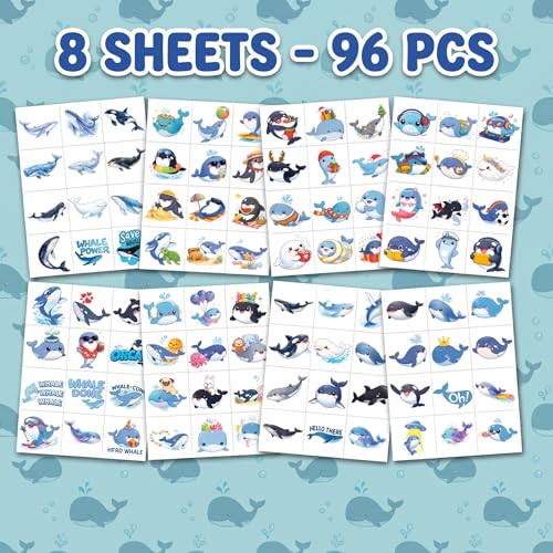 96 Cute Whale Temporary Tattoos for Kids - Ocean Party Favors