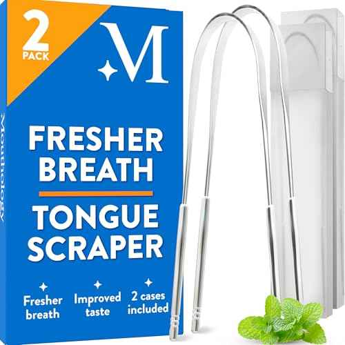 Mouthology Tongue Scraper (2 Pack), Reduce Bad Breath (Travel Cases Included), Stainless Steel Tongue Cleaners, Metal Tongue Scraper, Tongue Scraper for Adults - Fresher Breath in Seconds