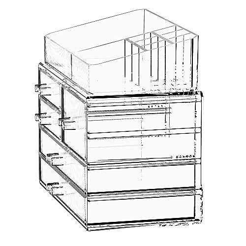 ZHIAI Stackable Storage Drawers, Acrylic Bathroom Counter Organizer Clear Makeup Organizers for Vanity, Kitchen Cabinets, Bathroom, Undersink, Home Organization and Storage (2Top 3 Drawers,)