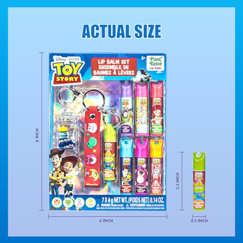 Townley Girl Toy Story 7 Pack Lip Balm with Keychain, Plant Based Lip Balm for Boys and Girls, Kids Chapstick