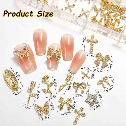 96PCS 3D Nail Charms - Gold Alloy Bow, Rose,Butterfly,Cross,Star,Virgin Mary & Coin Charms, Shiny Nail Rhinestones for Nail Art, Manicure, DIY Jewelry Making£¨96pcs£©