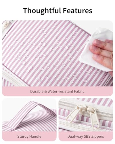 Narwey Hanging Travel Toiletry Bag for Women, Large Makeup Organizer, Dusty Pink Stripe