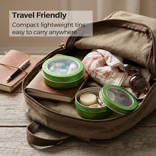 24 Pack 2 oz Green Aluminum Tins with Clear Lids & Labels