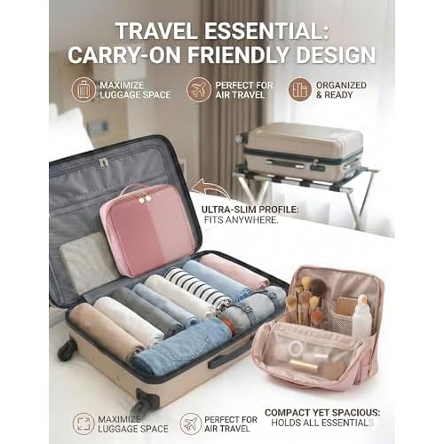 Large Standing Makeup Bag, Sturdy PU Leather Cosmetic Organizer with Fold-Down Phone Tray, Waterproof Travel Toiletry Case with Wipeable TPU Brush Holder, 9.5 Inch, Pink