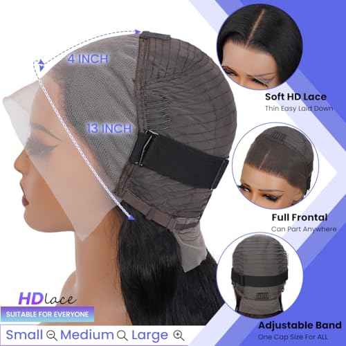 13x4 Body Wave Lace Front Wigs Human Hair Pre Plucked 180% Density HD Transparent Lace Frontal Wigs for Women, 9A, Small Bleached Knots, with Baby Hair, 18 Inch, Natural Color