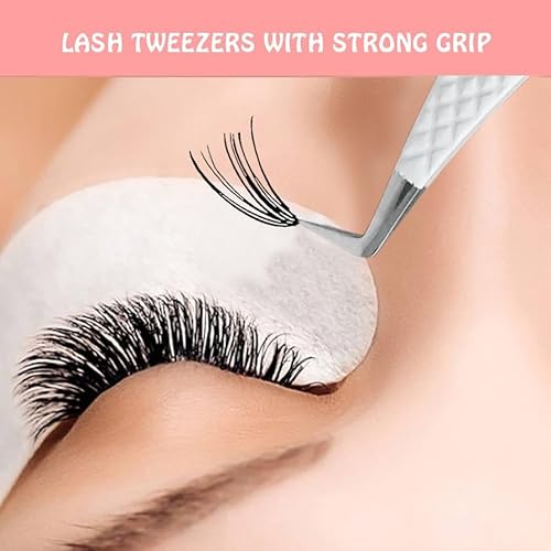 Lash Tweezers - Stainless Steel Fiber Tip Eyelash Tweezers (Set of 4) - Diamond Grip Professional Lash Tweezers for Eyelash Extensions (White)