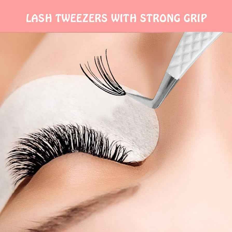 MK Queens Lash Tweezers - Stainless Steel Fiber Tip Eyelash Tweezers (Set of 4) - Diamond Grip Professional Lash Tweezers for Eyelash Extensions (White)