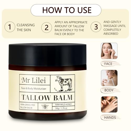 Beef Tallow for Skin - 100% Organic Grass-Fed Beef Tallow Balm with Raw Honey, Natural Whipped Face Moisturizer & Body Butter for Dry & Sensitive Skin, Non-Greasy (Unscented, 50g/1.76oz)