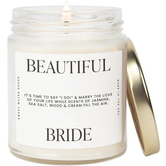 Sweet Water Decor, Beautiful Bride Candle - Sea Salt, Jasmine, Cream, and Wood Scented Soy Wax Candle for Home - Engagement and Wedding Gift - 9oz Clear Jar, 40 Hour Burn Time, Made in the USA