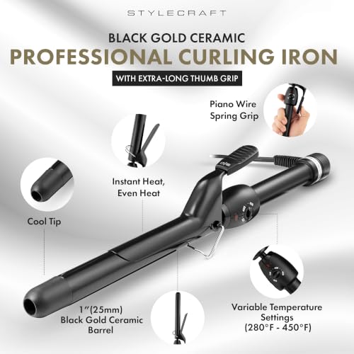 StyleCraft Stay-Temp Black Gold Professional Curling Iron with Thumb