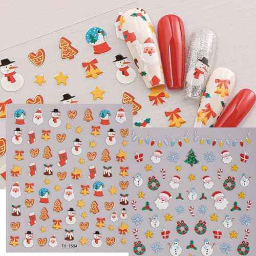 Christmas Nail Stickers - Christmas Nail Decals with Santa Claus Snowflake Elk Deer Snowman Xmas Tree Designs Winter 3D Xmas Nail Art DIY Decor Holiday Nail Stickers for Women (8 Sheets)