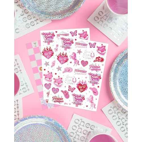xo, Fetti Pink Pony Club Temporary Tattoos - 54 Iridescent Foil Pcs | Cowgirl Bachelorette Party, Valentine's Day Favors, Birthday Accessory, Galentine's Bach Activity