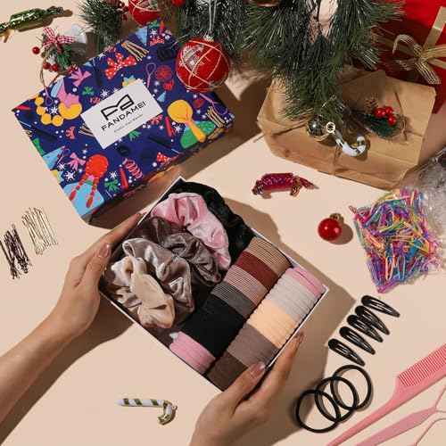 FANDAMEI Hair Ties Kit for Women, Velvet Scrunchies, Elastic Rubber Bands, Seamless Hair Ties, Hair Clips, Bobby Pins, U Shaped Hair Pins for Styling, Hair Accessories Kit