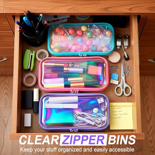 Hoolerry 3 Pcs Clear Hard Zipper Case Makeup Bag Plastic Zipper Pouch Christmas Storage Case Portable Travel Organizer Bin for Cosmetics, Building Blocks, Puzzles(Laser,S)