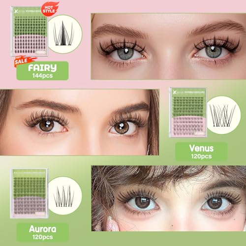 KEYYOU Aurora Lash Clusters Kit Fairy Lash Extension Kit C Curl 120Pcs Eyelash Extension Kit Wispy Natural Invisible Band Lash Kit with Waterproof DIY Lash Extension Kit at Home(Aurora-C-8-16MIX)