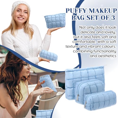 Huhumy Medium Blue Checkered Puffy Makeup Bag Set for Women