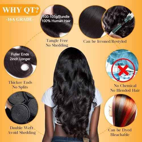 QTHAIR 16A Body Wave Brazilian Virgin Human Hair 18" 20" 22" 300g Natural Color 100% Unprocessed Brazilian Body Wave Hair Bundles Brazilian Virgin Hair for All Women