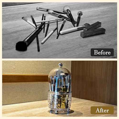 Makeup Brush Holder with Lid Cosmetic Tools Organizer 360 Rotating Make up Brushes Storage for Vanity, Waterproof & Dustproof (Clear)