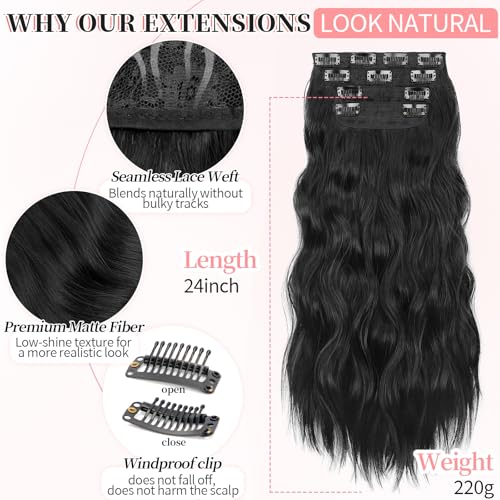 KooKaStyle Clip-In Hair Extensions 24 Inch Black Wavy
