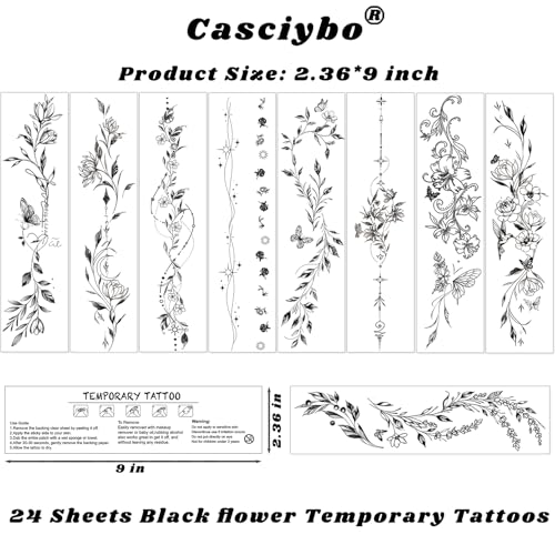 24 Black Flower Temporary Tattoos for Women - Waterproof