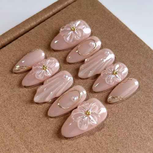 10 Pcs Medium Length Handamde Almond Press On Nails Reusable ABS Acrylic False Nails Set for Women (Size S)