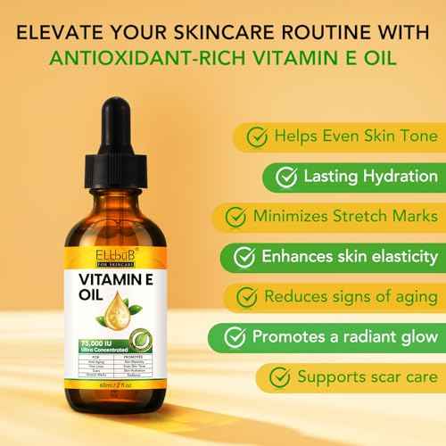 ELBBUB Vitamin E Oil - 75,000 IU Ultra Concentrated - Moisturizes, Fades Scars & Stretch Marks, Anti-Aging & Skin Hydration - for Face, Body, Hair, and Nails