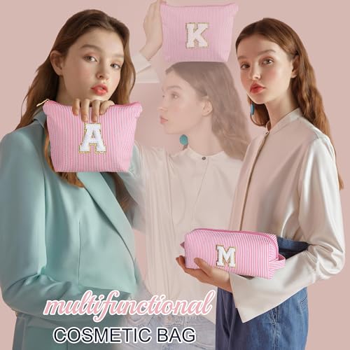 Personalized Initial Makeup Bag for Women - Pink Chenille Letter