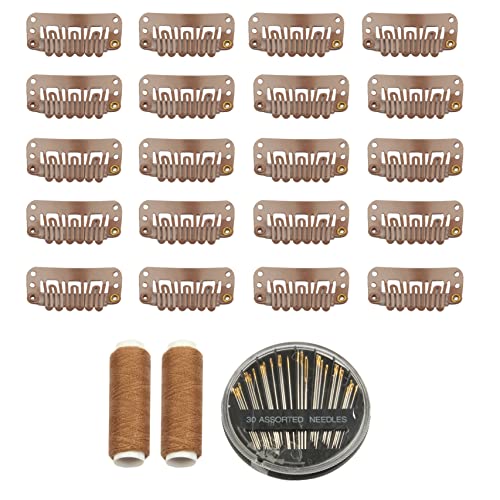 30pcs Hair Extension Clips U-Shape Stainless Steel Snap Clips for Wigs and Hair Extensions and Hairpieces, 30 Assorted Sewing Needles and 2 Rolls Thread (Light Brown)