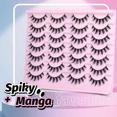 Yawamica Wispy Manga Lashes 8D Thick & Spiky False Eyelashes 15mm Doll Lashes Anime Eyelashes Style Natural Look 14 Pairs Pack Strip Lashes Look like Eyelash Extension