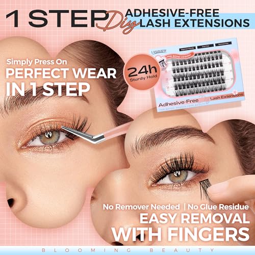 LASHVIEW Self Adhesive Eyelashes, D Curl Press On Lash Clusters Kit Pre Glued Eyelash Clusters with Applicator,No Glue No Remover Needed DIY Lash Extension Kit 10-16mm (N06 78Pcs)