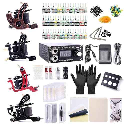 One Tattoo World Complete Tattoo Kit - 4 Tattoo Machines, Digital Power Supply, 54 Color 5ml Tattoo inks, Grips, Needles Transfer Paper, and more- OTW-KTB454