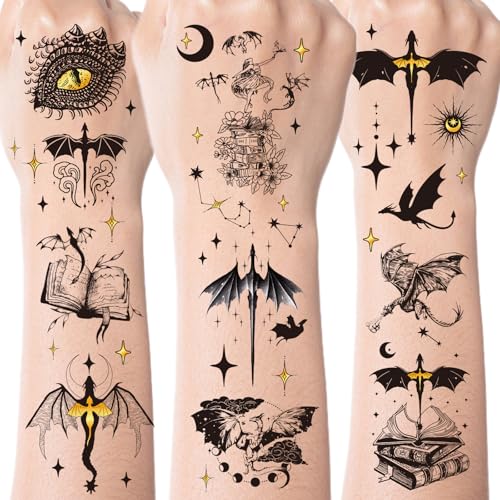 Black Wings Dragon Temporary Tattoos - 200+ Dragon Birthday Party Decorations Favors Supplies Dark Mysterious Ancient Animals Tattoo Stickers for Kids Boys Girls Dragons Goodie Bags Fillers Gifts