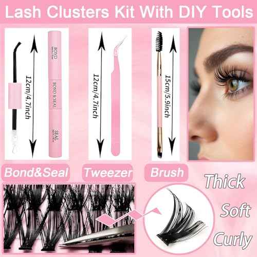 Lash Clusters Kit, 640 Pcs Eyelashes Clusters Extensions Kit 9-16mm Individual Lashes D Curl Fluffy Wispy False Eyelashes Thin Band, with Bond Seal Tweezers Brush DIY (30D+40D+50D+60D Kit 9-16mm)