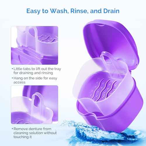 JMU Denture Bath Case, Denture Cup for Soaking Dentures with Strainer Basket Tray for Dentures, Mouth Guard Storage Case, Purple