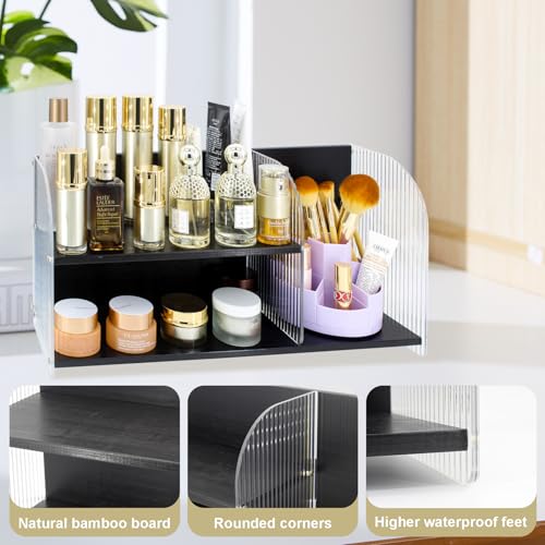 2-Tier Acrylic Makeup Organizer & Skincare Storage Cabinet Countertop Bamboo Desktop Organizer for Cosmetics, Skincare, and Essentials -Black