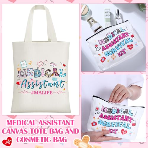 Mimorou 6 Pcs Medical Assistant Gift Set for Women Canvas Tote Bag Cosmetic Bag 16oz Glass Cup Pink Glitter Badge Reel Novelty Socks Unique Appreciation Gifts for Medical Assistants Nurse Week