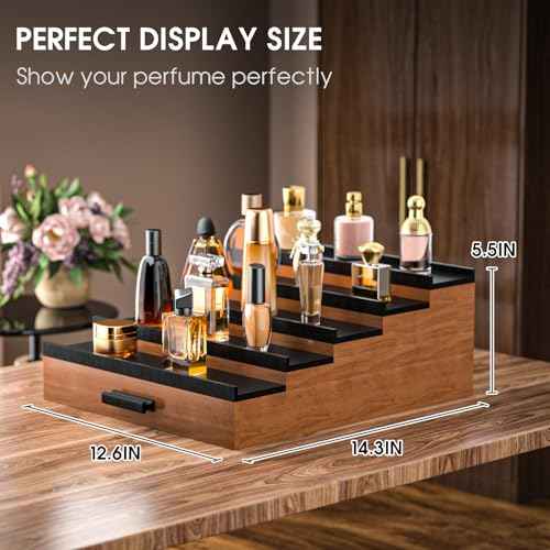 Sephyroth Cologne Organizer 5 Tier of Elegant Bamboo Perfume Organizer for Men with Hidden Storage and Practical Drawer, Perfect for Cologne Display & Gift (5T-WalnutBlack)