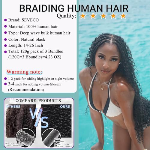 26 Inch Virgin Human Braiding Hair for Boho Braids - 120g Deep Wave Bulk