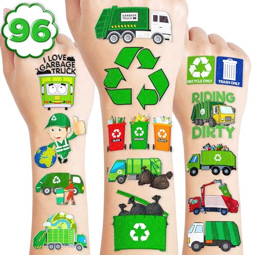 96PCS Garbage Truck Temporary Tattoos for Kids - Pre-Cut
