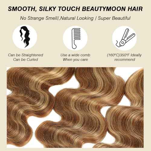 Beautymoon Brown Highlight Body Wave Bundles Ombre Human Hair 3 Bundles 22 24 26 Inch 100% Unprocessed Brazilian Virgin Hair Honey Blonde Bundle Human Hair Body Wave Hair Extensions for Black Women