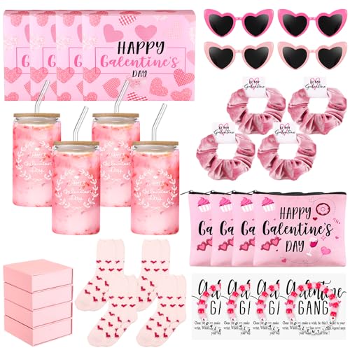 Abbylike 40 Pcs Galentine's Day Gift Include Gift Box Glass Cup Makeup Bags Plush Socks Greeting Cards Velvet Hair Scrunchies Bracelets Sunglasses for Women Friend Bestie Valentine Party Favors