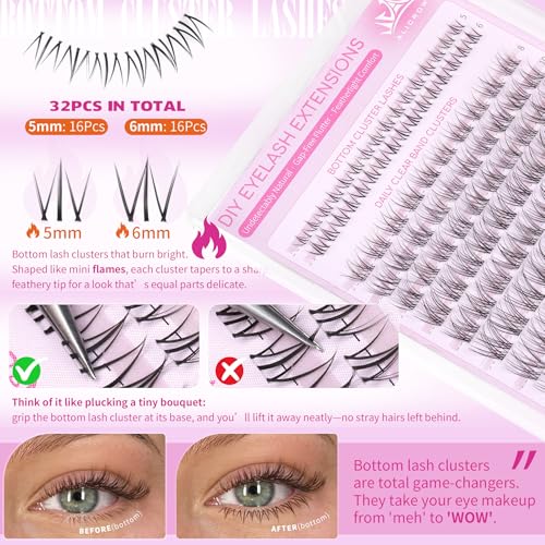 Natural Lash Clusters Kit Wispy Eyelash Clusters Kit with Bottom Eyelashes C Curly Lash Extension Kit with Invisible Band DIY Individual Lashes Kit with Lash Bond and Seal 132Pcs