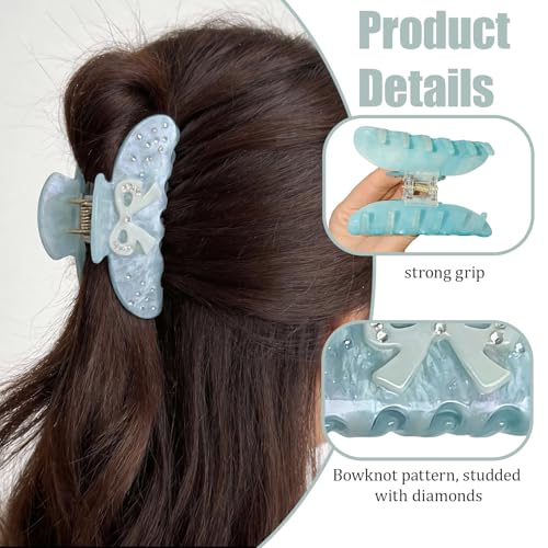 Rhinestone Bow Claw Clip for Thick Hair, Extra Large Blue