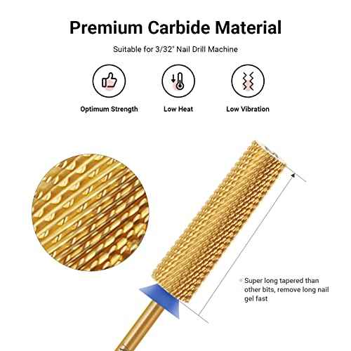 MelodySusie Super Long Tapered Nail Drill Bits, 3/32'' Carbide Tungsten Bits, Suitable for Manicure Pedicure Cuticle Gel Polishing, Professional Advanced Bits, Gold, Series Bit-X, Medium