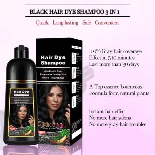 Dark Black Hair Dye Shampoo - 3 in 1 Gray Coverage for Men & Women