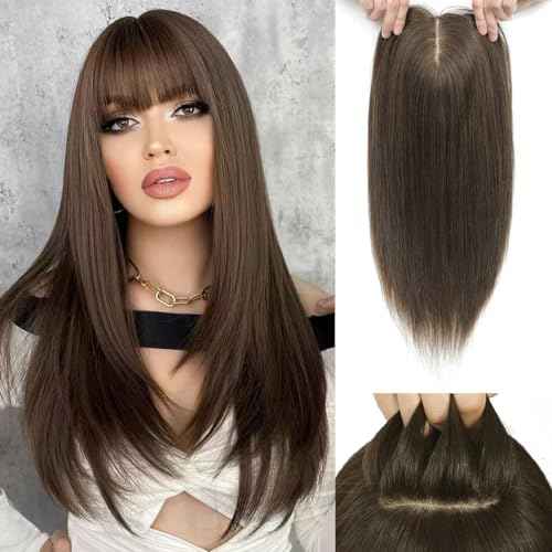 Hair Toppers for Women - 16inch Real Human Hair With Bangs, 8x8inch Skin Scalp Big Base Cover for Thinning or Hair Loss - Remy Top Pieces Wiglets