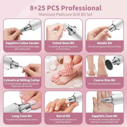 Electric Foot Callus Remover, 2 in 1 Rechargeable Foot File & Nail Drill, 15 Adjustable Speed Manicure Pedicure Kit Foot Scrubber with 25 Pcs Sandpaper Discs Pedicure Tool for Dead Skin (White+Pouch)