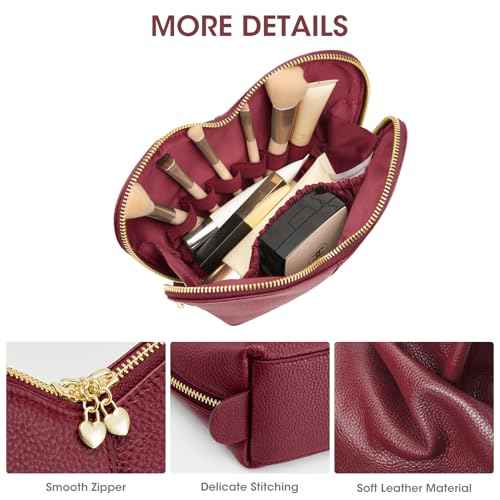 Kattee Leather Makeup Bag, Travel Large capacity Comestic Bag for Women, Heart Shaped Portable Organizer Toiletry Bag for Working,Wine Red